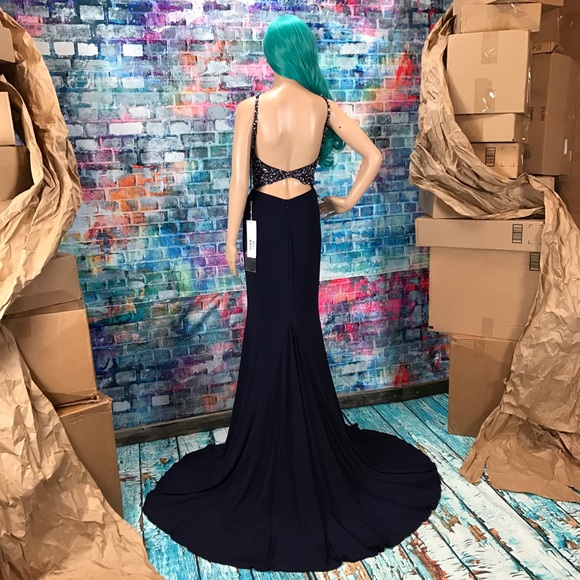 JOVANI Navy Beaded High Slit Halter Gown! #JP48849 - Picture 6 of 8